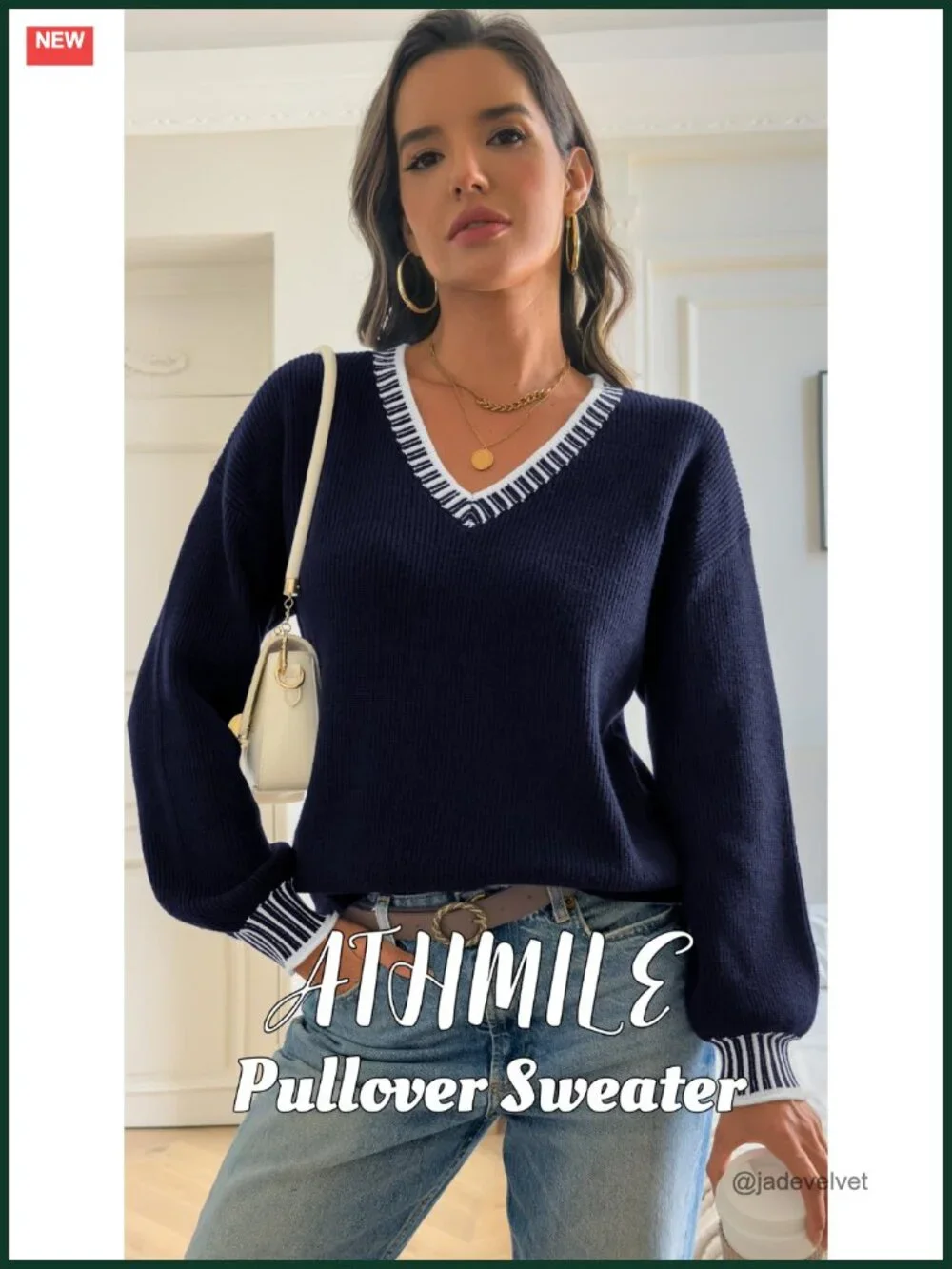 Viscose Blend V-Neck Long Sleeve Chunky Knit Pullover Sweater Color Block